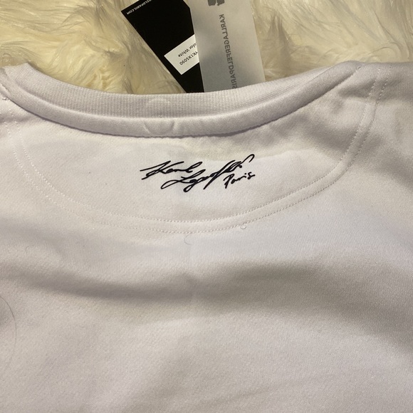 Host Pick Karl Lagerfeld Paris White Heart Crew Neck Sweater Women’s Small NWT - Picture 5 of 7